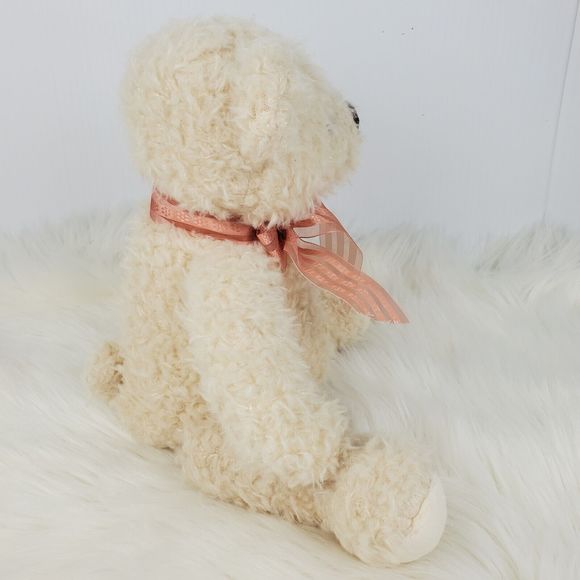 Fao Schwarz Cream Fuzzy Peach Striped Bow Teddy Bear Plush 9.5" NWT - Picture 7 of 14
